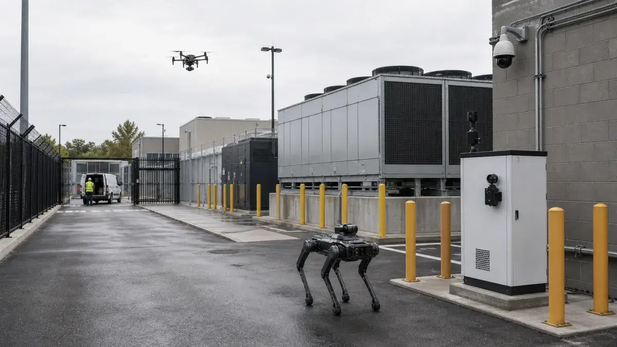 Coordinated ground robot and drone operating across a data center service yard