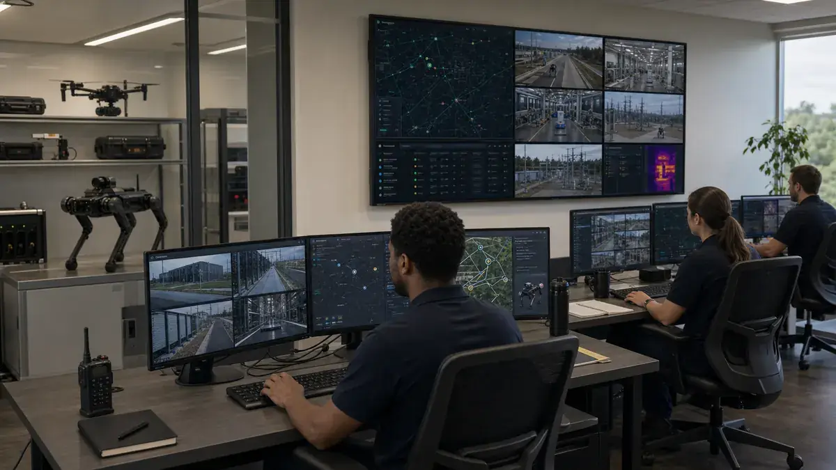 Remote operations center monitoring robotic missions across data center, industrial, and energy sites